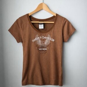 Harley-Davidson Brown Graphic Tee Women’s Size Small Y2K Biker Logo Studded
